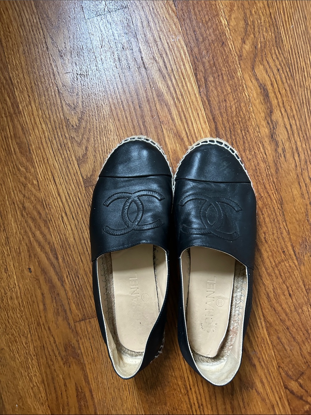 CHANEL Black Leather Espadrille Slip-Ons with CC Logo